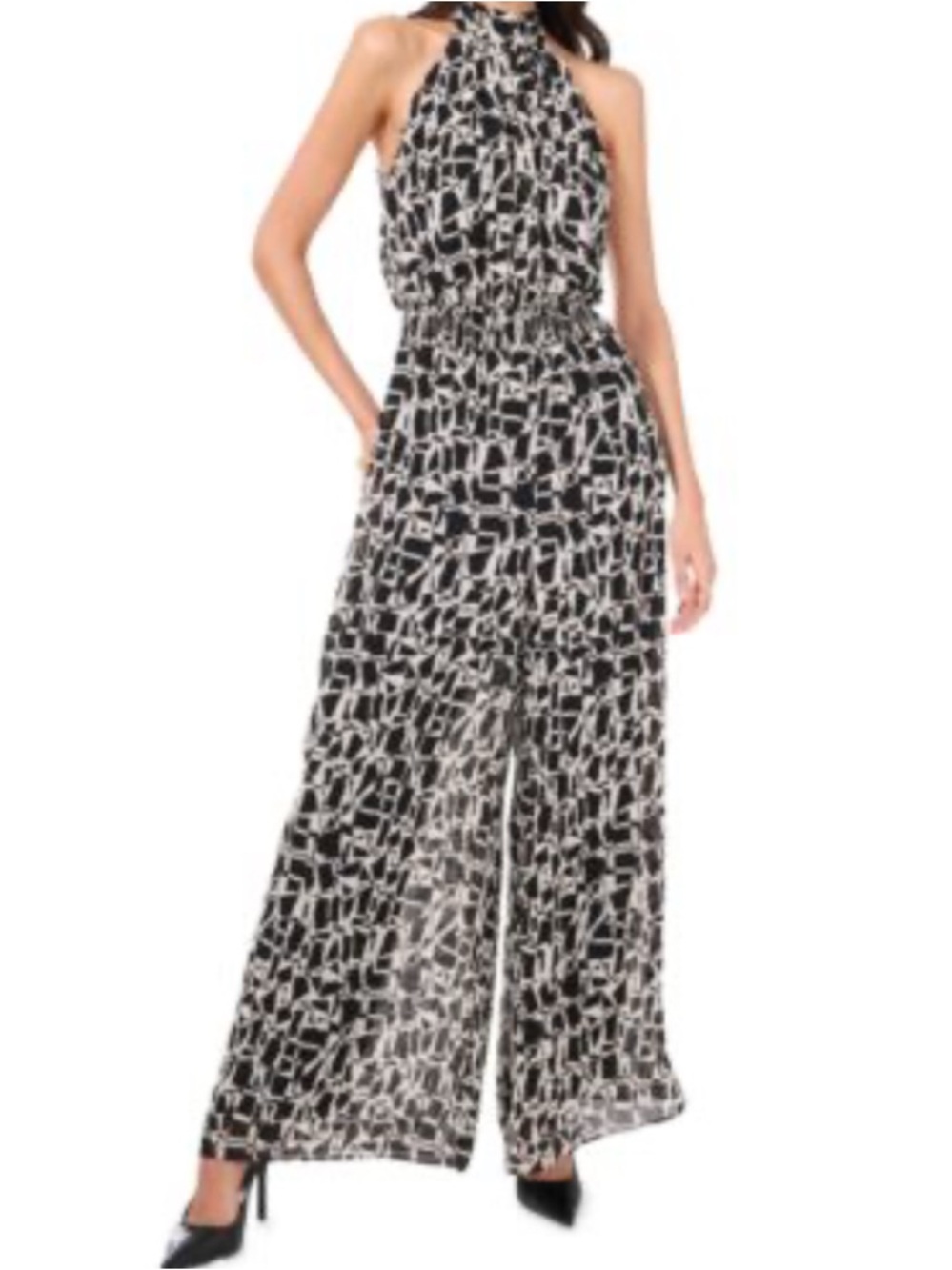 Vince Camuto Black and White Geometric wide leg jumpsuit flowy and feminine